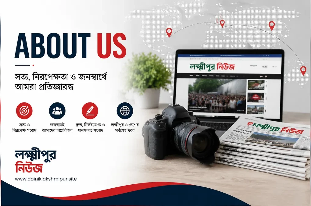 Lakshmipur News About Us page banner showing professional digital news platform, journalism, camera, laptop and newspaper.